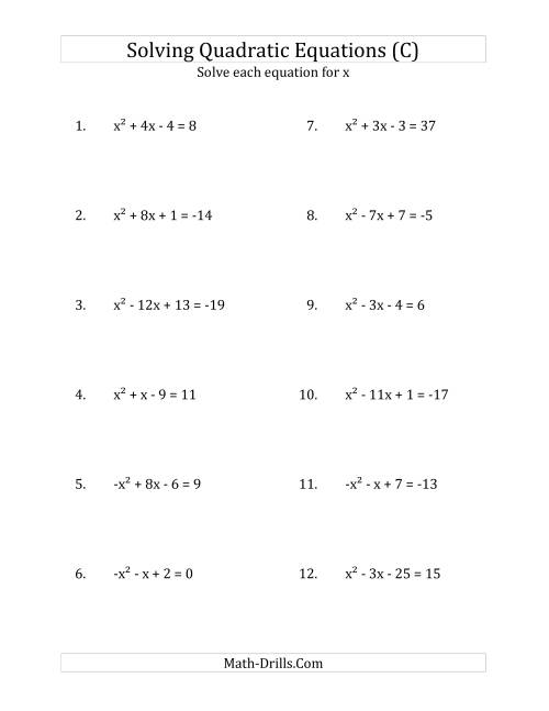 The Solving Quadratic Equations for x with 'a' Coefficients of 1 or -1 (Equations equal an integer) (C) Math Worksheet