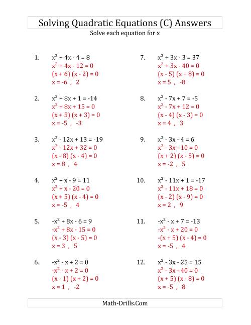 The Solving Quadratic Equations for x with 'a' Coefficients of 1 or -1 (Equations equal an integer) (C) Math Worksheet Page 2