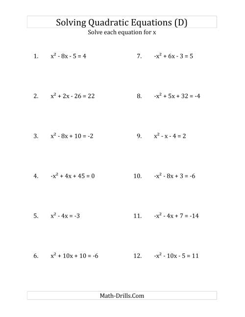 The Solving Quadratic Equations for x with 'a' Coefficients of 1 or -1 (Equations equal an integer) (D) Math Worksheet