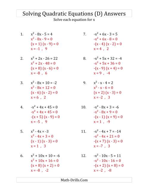 The Solving Quadratic Equations for x with 'a' Coefficients of 1 or -1 (Equations equal an integer) (D) Math Worksheet Page 2