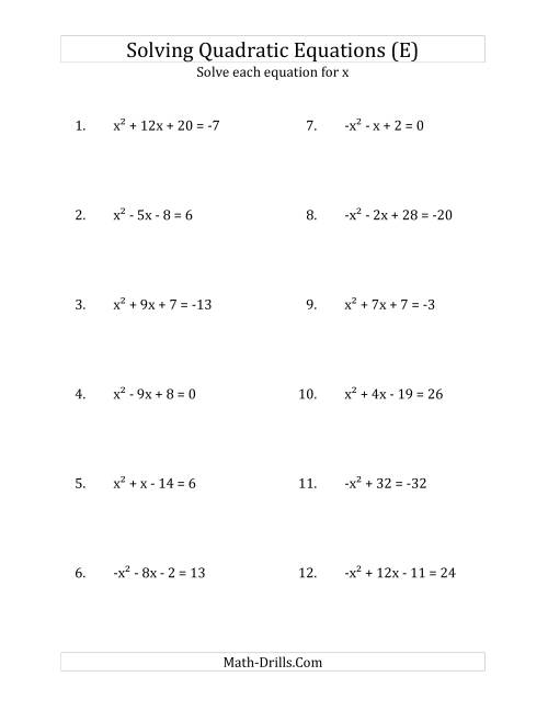 The Solving Quadratic Equations for x with 'a' Coefficients of 1 or -1 (Equations equal an integer) (E) Math Worksheet
