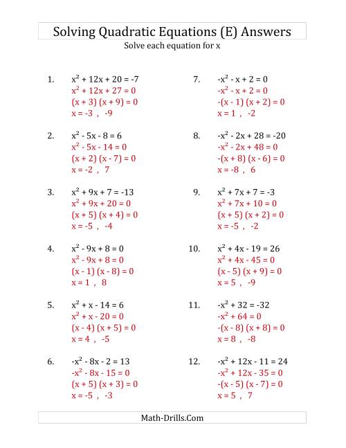 The Solving Quadratic Equations for x with 'a' Coefficients of 1 or -1 (Equations equal an integer) (E) Math Worksheet Page 2