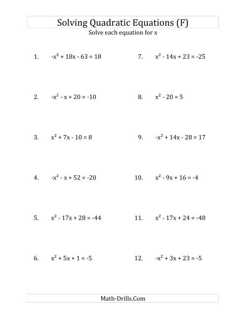 The Solving Quadratic Equations for x with 'a' Coefficients of 1 or -1 (Equations equal an integer) (F) Math Worksheet