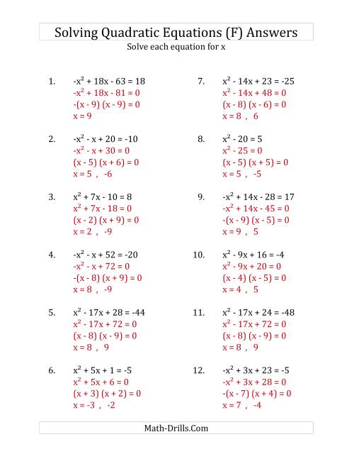 The Solving Quadratic Equations for x with 'a' Coefficients of 1 or -1 (Equations equal an integer) (F) Math Worksheet Page 2