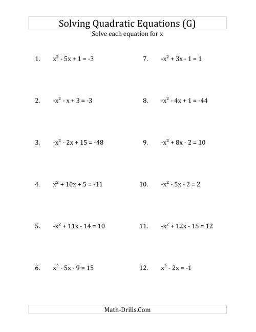 The Solving Quadratic Equations for x with 'a' Coefficients of 1 or -1 (Equations equal an integer) (G) Math Worksheet