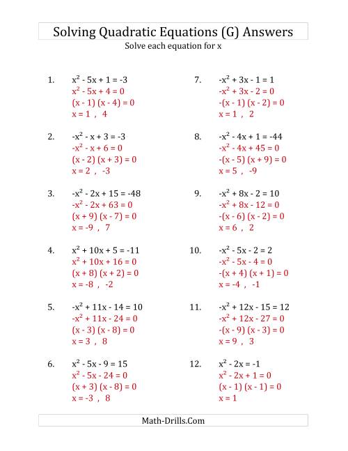 The Solving Quadratic Equations for x with 'a' Coefficients of 1 or -1 (Equations equal an integer) (G) Math Worksheet Page 2