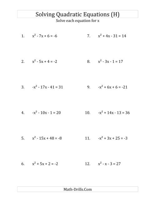 The Solving Quadratic Equations for x with 'a' Coefficients of 1 or -1 (Equations equal an integer) (H) Math Worksheet