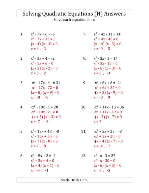 The Solving Quadratic Equations for x with 'a' Coefficients of 1 or -1 (Equations equal an integer) (H) Math Worksheet Page 2