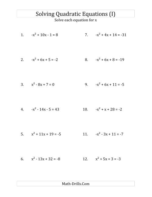 The Solving Quadratic Equations for x with 'a' Coefficients of 1 or -1 (Equations equal an integer) (I) Math Worksheet