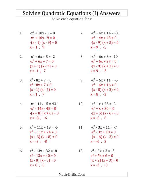 The Solving Quadratic Equations for x with 'a' Coefficients of 1 or -1 (Equations equal an integer) (I) Math Worksheet Page 2
