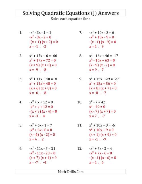 The Solving Quadratic Equations for x with 'a' Coefficients of 1 or -1 (Equations equal an integer) (J) Math Worksheet Page 2