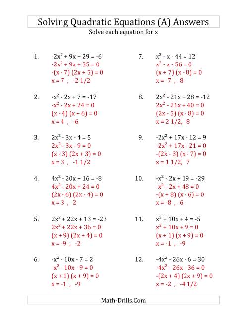 The Solving Quadratic Equations for x with 'a' Coefficients Between -4 and 4 (Equations equal an integer) (A) Math Worksheet Page 2