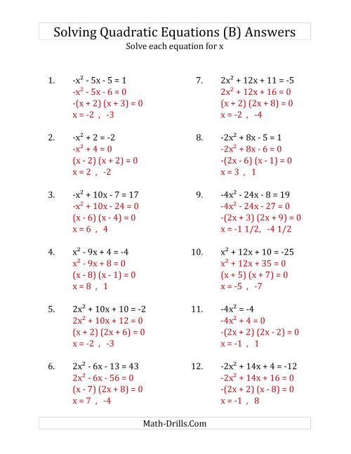 The Solving Quadratic Equations for x with 'a' Coefficients Between -4 and 4 (Equations equal an integer) (B) Math Worksheet Page 2