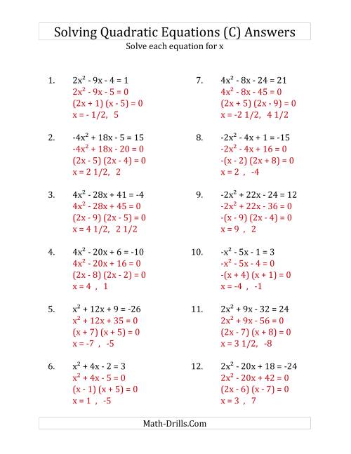 The Solving Quadratic Equations for x with 'a' Coefficients Between -4 and 4 (Equations equal an integer) (C) Math Worksheet Page 2