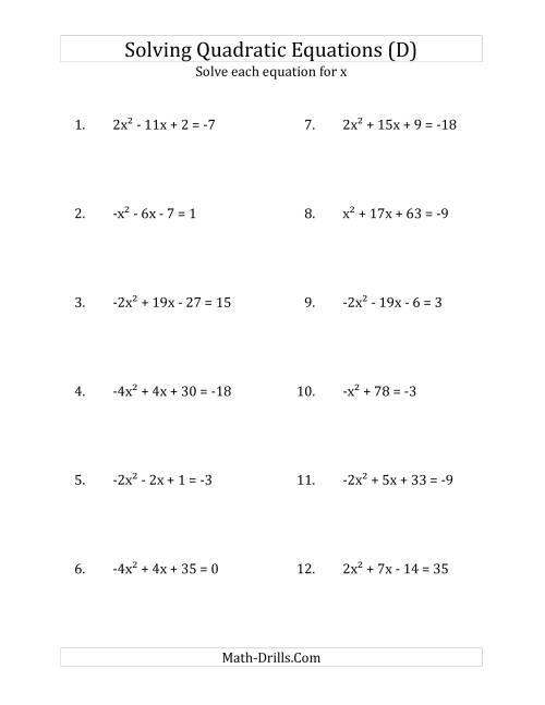 The Solving Quadratic Equations for x with 'a' Coefficients Between -4 and 4 (Equations equal an integer) (D) Math Worksheet