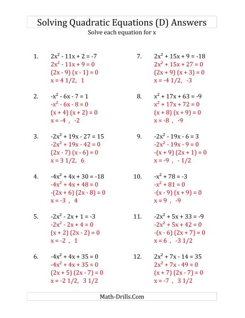 The Solving Quadratic Equations for x with 'a' Coefficients Between -4 and 4 (Equations equal an integer) (D) Math Worksheet Page 2