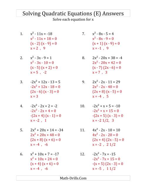 The Solving Quadratic Equations for x with 'a' Coefficients Between -4 and 4 (Equations equal an integer) (E) Math Worksheet Page 2