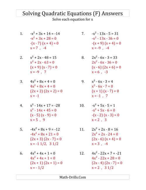 The Solving Quadratic Equations for x with 'a' Coefficients Between -4 and 4 (Equations equal an integer) (F) Math Worksheet Page 2