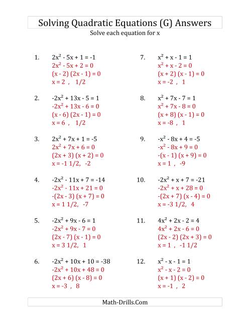 The Solving Quadratic Equations for x with 'a' Coefficients Between -4 and 4 (Equations equal an integer) (G) Math Worksheet Page 2