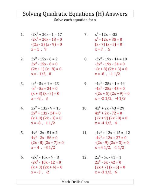 The Solving Quadratic Equations for x with 'a' Coefficients Between -4 and 4 (Equations equal an integer) (H) Math Worksheet Page 2