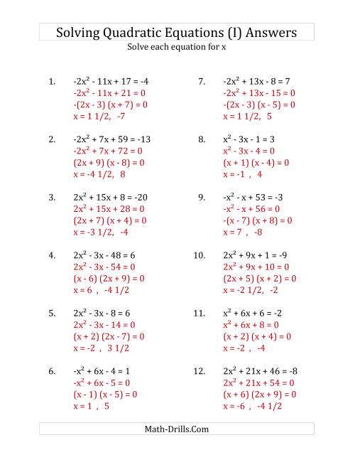 The Solving Quadratic Equations for x with 'a' Coefficients Between -4 and 4 (Equations equal an integer) (I) Math Worksheet Page 2