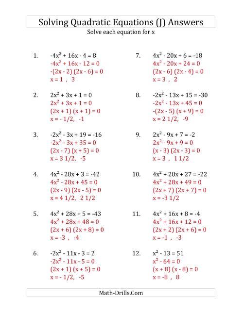 The Solving Quadratic Equations for x with 'a' Coefficients Between -4 and 4 (Equations equal an integer) (J) Math Worksheet Page 2
