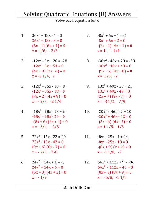 The Solving Quadratic Equations for x with 'a' Coefficients Between -81 and 81 (Equations equal an integer) (B) Math Worksheet Page 2
