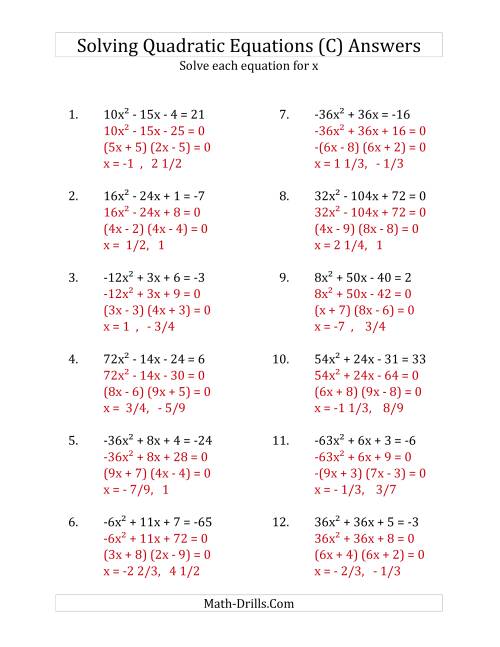 The Solving Quadratic Equations for x with 'a' Coefficients Between -81 and 81 (Equations equal an integer) (C) Math Worksheet Page 2