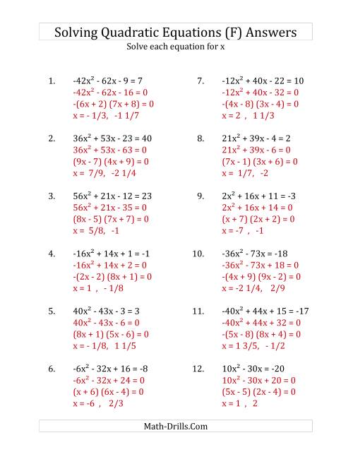The Solving Quadratic Equations for x with 'a' Coefficients Between -81 and 81 (Equations equal an integer) (F) Math Worksheet Page 2