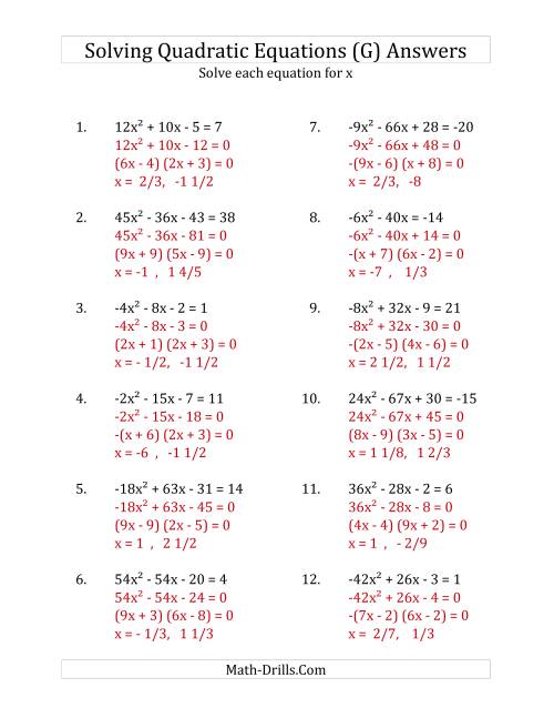 The Solving Quadratic Equations for x with 'a' Coefficients Between -81 and 81 (Equations equal an integer) (G) Math Worksheet Page 2