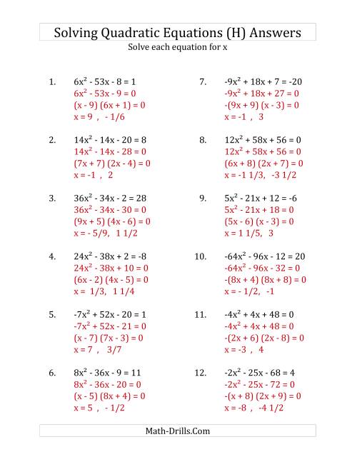 The Solving Quadratic Equations for x with 'a' Coefficients Between -81 and 81 (Equations equal an integer) (H) Math Worksheet Page 2