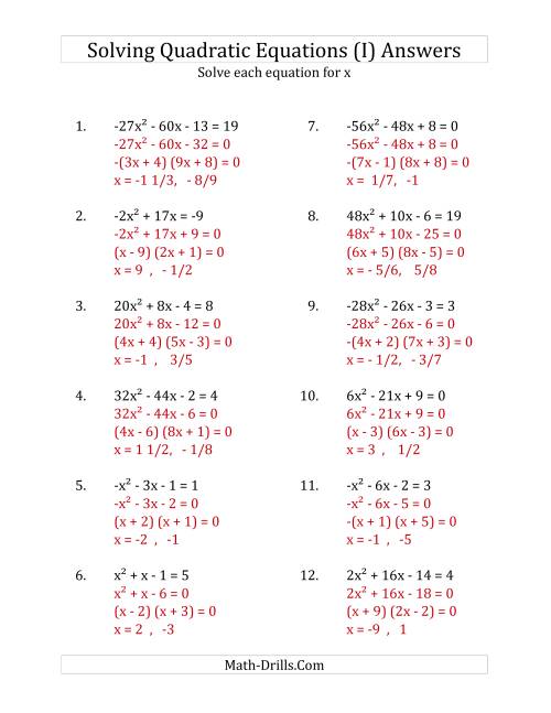 The Solving Quadratic Equations for x with 'a' Coefficients Between -81 and 81 (Equations equal an integer) (I) Math Worksheet Page 2