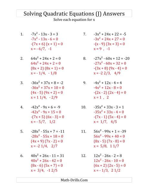The Solving Quadratic Equations for x with 'a' Coefficients Between -81 and 81 (Equations equal an integer) (J) Math Worksheet Page 2