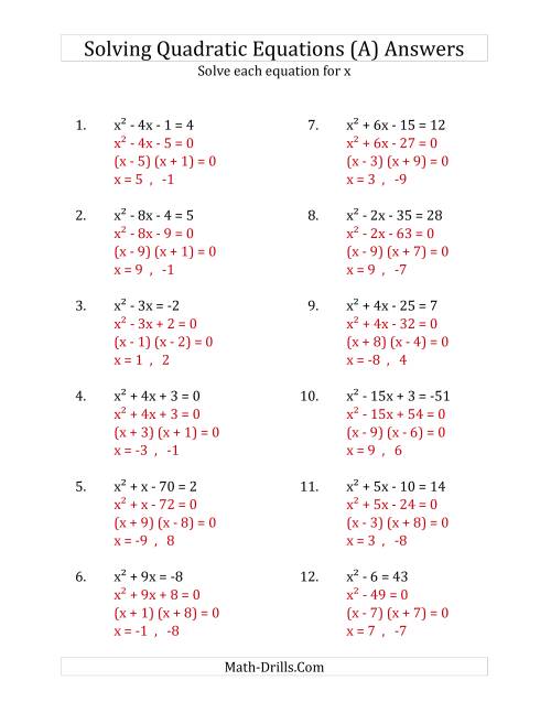 The Solving Quadratic Equations for x with 'a' Coefficients of 1 (Equations equal an integer) (A) Math Worksheet Page 2