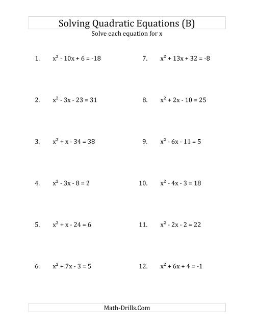 The Solving Quadratic Equations for x with 'a' Coefficients of 1 (Equations equal an integer) (B) Math Worksheet
