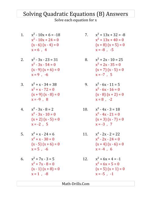The Solving Quadratic Equations for x with 'a' Coefficients of 1 (Equations equal an integer) (B) Math Worksheet Page 2