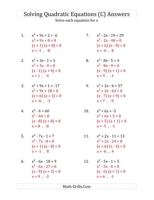 The Solving Quadratic Equations for x with 'a' Coefficients of 1 (Equations equal an integer) (C) Math Worksheet Page 2