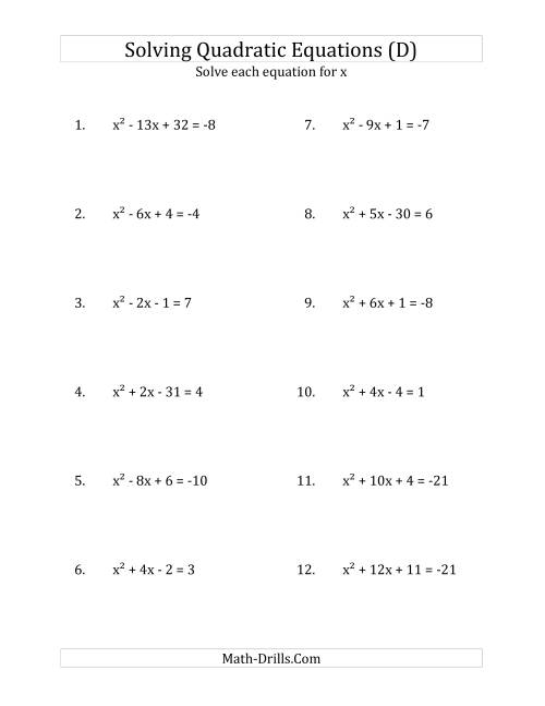 The Solving Quadratic Equations for x with 'a' Coefficients of 1 (Equations equal an integer) (D) Math Worksheet