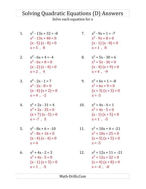 The Solving Quadratic Equations for x with 'a' Coefficients of 1 (Equations equal an integer) (D) Math Worksheet Page 2