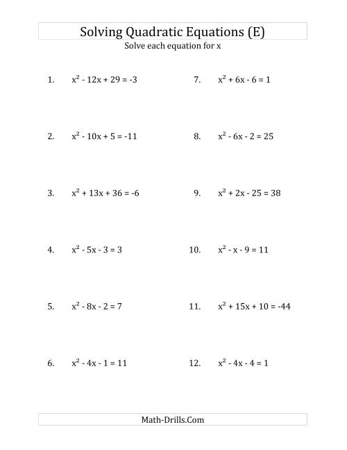 The Solving Quadratic Equations for x with 'a' Coefficients of 1 (Equations equal an integer) (E) Math Worksheet