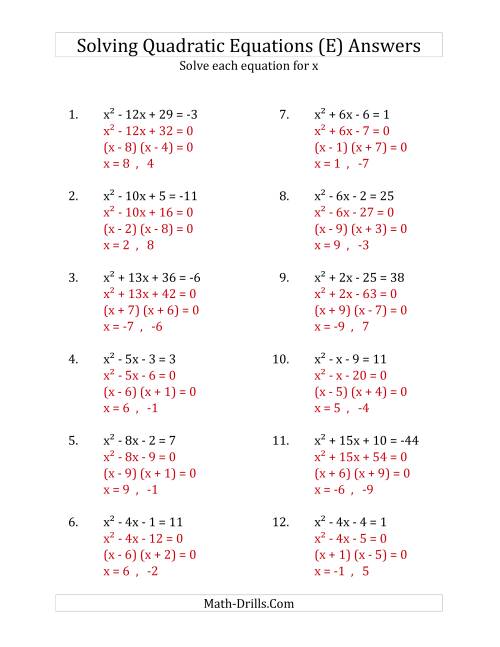 The Solving Quadratic Equations for x with 'a' Coefficients of 1 (Equations equal an integer) (E) Math Worksheet Page 2