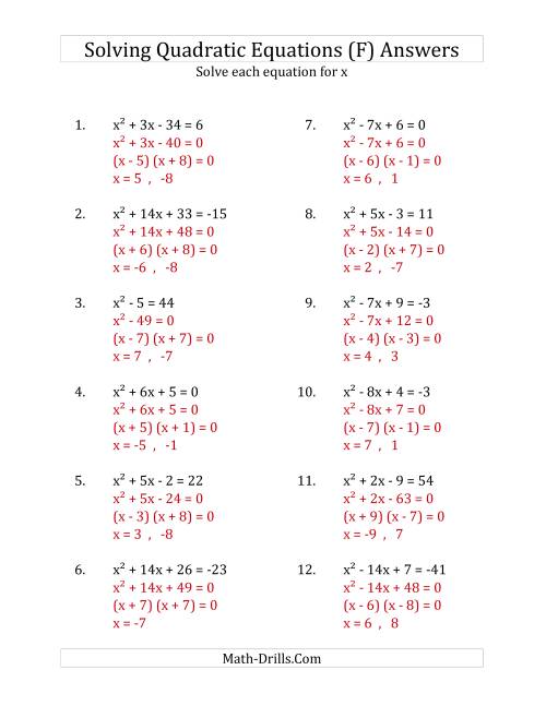 The Solving Quadratic Equations for x with 'a' Coefficients of 1 (Equations equal an integer) (F) Math Worksheet Page 2