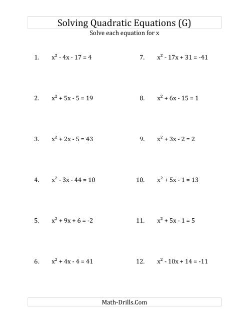 The Solving Quadratic Equations for x with 'a' Coefficients of 1 (Equations equal an integer) (G) Math Worksheet