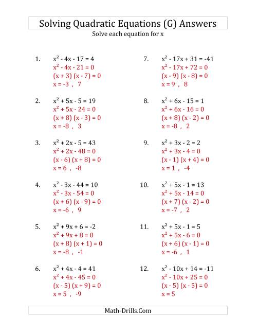 The Solving Quadratic Equations for x with 'a' Coefficients of 1 (Equations equal an integer) (G) Math Worksheet Page 2