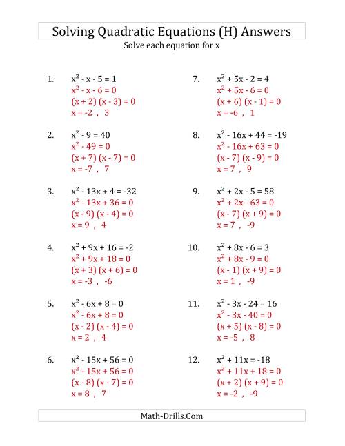 The Solving Quadratic Equations for x with 'a' Coefficients of 1 (Equations equal an integer) (H) Math Worksheet Page 2