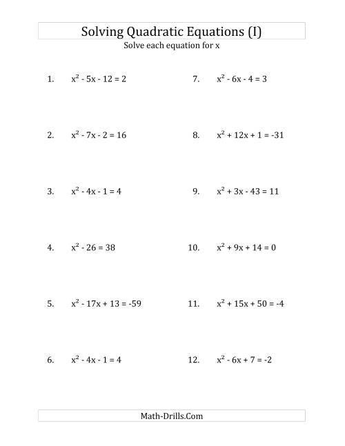 The Solving Quadratic Equations for x with 'a' Coefficients of 1 (Equations equal an integer) (I) Math Worksheet