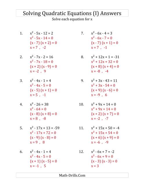 The Solving Quadratic Equations for x with 'a' Coefficients of 1 (Equations equal an integer) (I) Math Worksheet Page 2