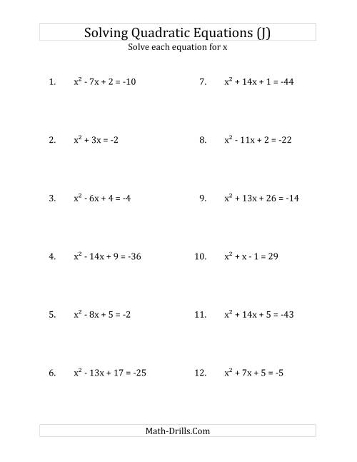 The Solving Quadratic Equations for x with 'a' Coefficients of 1 (Equations equal an integer) (J) Math Worksheet