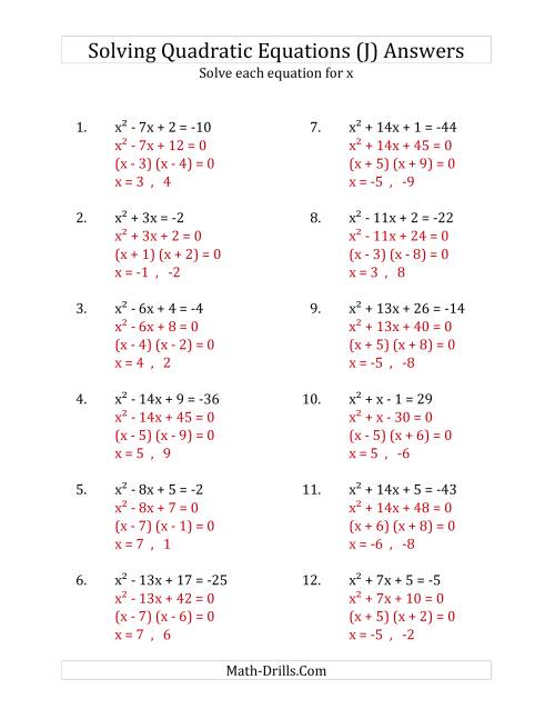 The Solving Quadratic Equations for x with 'a' Coefficients of 1 (Equations equal an integer) (J) Math Worksheet Page 2