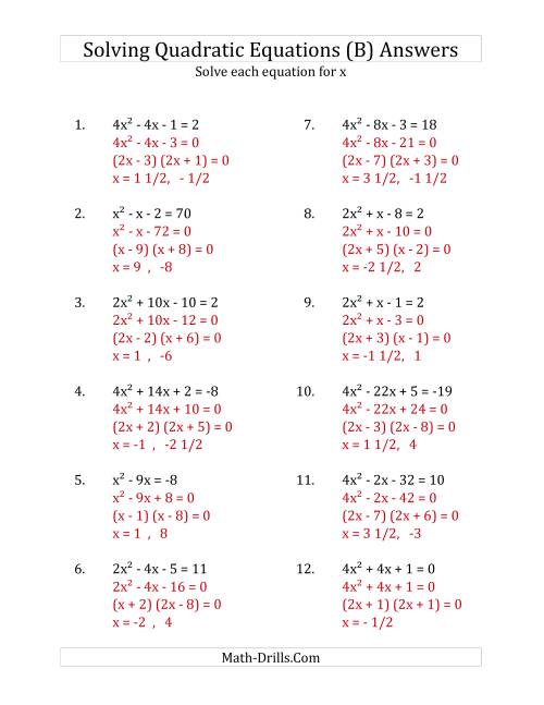 The Solving Quadratic Equations for x with 'a' Coefficients up to 4 (Equations equal an integer) (B) Math Worksheet Page 2